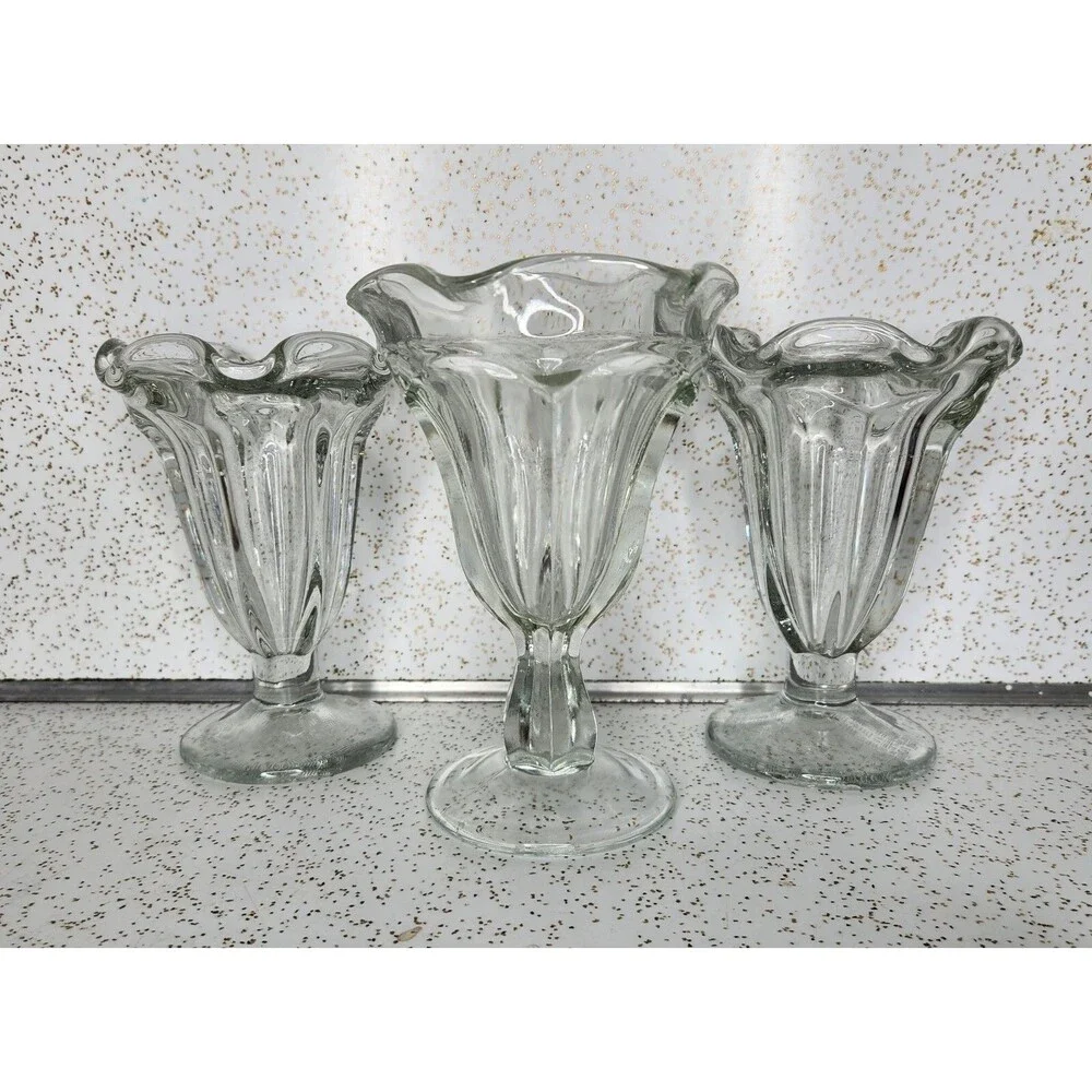 3x Anchor Hocking 1960s Tulip Ice Cream Sundae Dessert Glasses Stem Foot 6